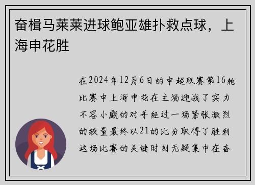奋楫马莱莱进球鲍亚雄扑救点球，上海申花胜