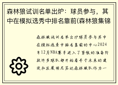 森林狼试训名单出炉：球员参与，其中在模拟选秀中排名靠前(森林狼集锦)