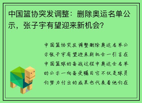 中国篮协突发调整：删除奥运名单公示，张子宇有望迎来新机会？