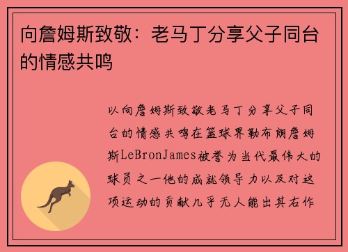 向詹姆斯致敬：老马丁分享父子同台的情感共鸣