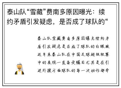 泰山队“雪藏”费南多原因曝光：续约矛盾引发疑虑，是否成了球队的“白眼狼”？