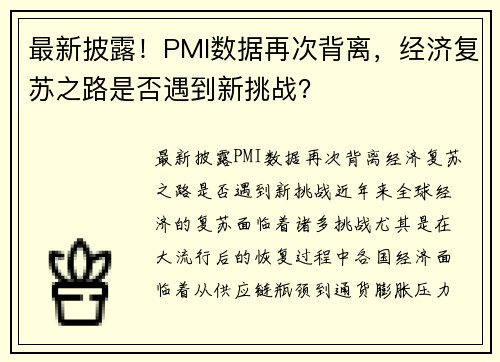 最新披露！PMI数据再次背离，经济复苏之路是否遇到新挑战？